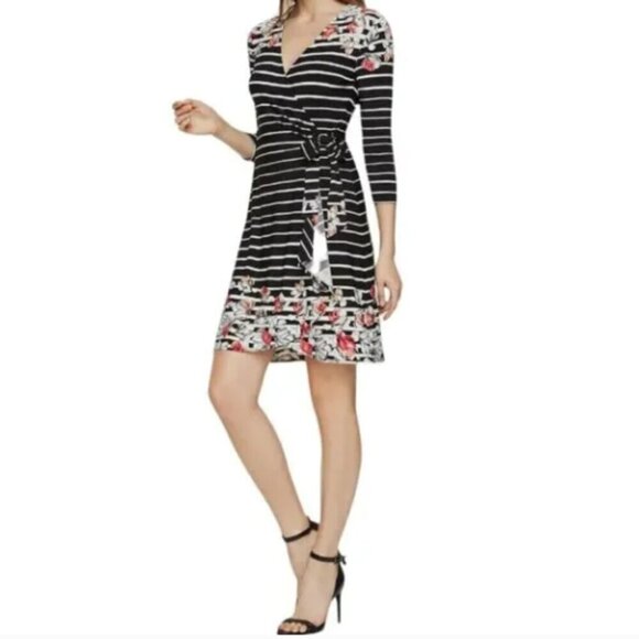 Pink BCBGMaxazria Wrap Dress Black and White Stripe Floral Party Dress Size: S - Picture 4 of 9